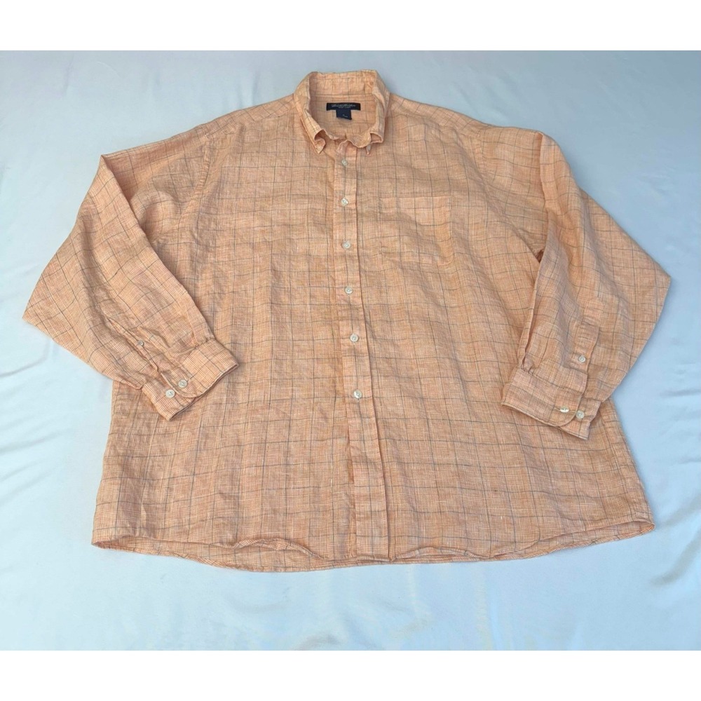 Brooks Brothers Button Down Irish Linen Shirt Mens Sz XL Orange / Peach Plaid